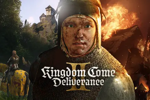 Zniszczona wioska płonie, rycerz na koniu w tle, a na pierwszym planie twarz w hełmie. Zapowiedź Kingdom Come Deliverance II.