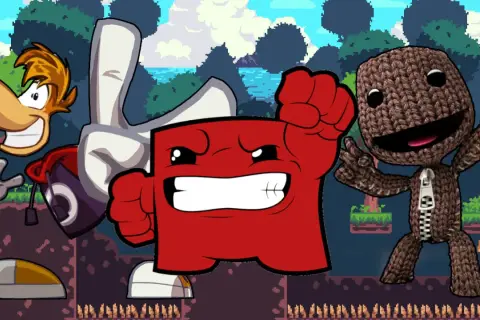 Rayman, Super Meat Boy i Sackboy, bohaterowie kultowych gry platformowe pc, pozdrawiają na tle pixelartowej przygody.