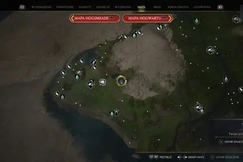 Mapa Hogwarts Legacy pokazuje rozległy teren z rzekami, górami i ikonami wskazującymi miejsca do odkrycia. Widoczne są platformy do lądowania.