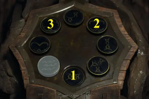 Zagadka z Resident Evil 4: symbole i cyfry 1, 2, 3 na okrągłych przyciskach.