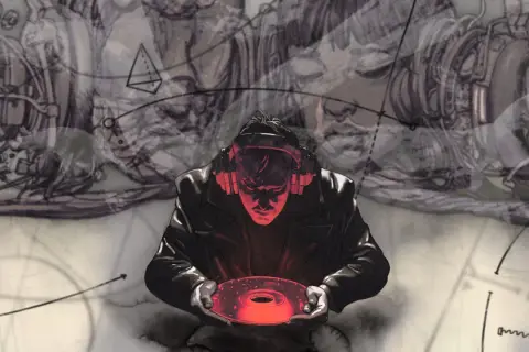 Mężczyzna w słuchawkach trzyma świecącą płytę. Tło sugeruje świat Disco Elysium 2, pełen mechanizmów i abstrakcyjnych form.