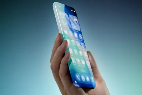 Dłoń trzyma futurystyczny iPhone 19 Pro Max z ekranem wypełnionym ikonami aplikacji.