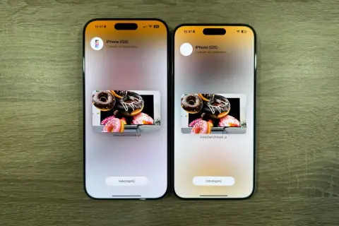 Dwa iPhone'y, jeden obok drugiego, prezentują udostępnianie zdjęć pączków. Porównanie iPhone 16 Pro Max wymiary.
