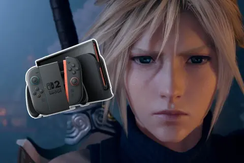 Cloud z Final Fantasy VII obok konsoli Nintendo Switch.