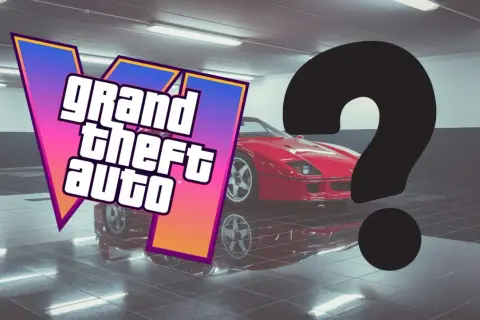 Logo Grand Theft Auto i czerwony samochód sportowy w garażu. Czy to zapowiedź GTA 6 od Rockstar Games?