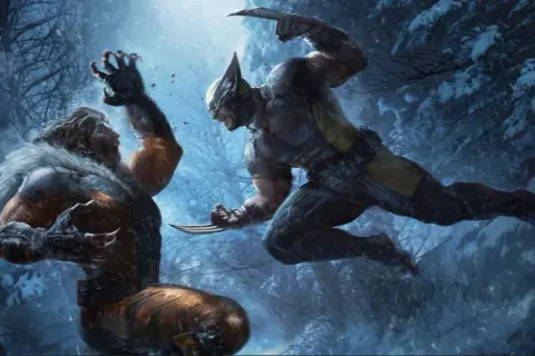 Wolverine w akcji, gotowy do walki z Sabertooth. Wyobraź sobie tę scenę w grze wolverine ps5!