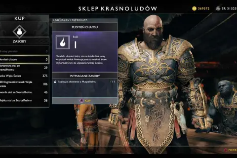 Kratos w grze God of War 2018 w sklepie Krasnoludów, przymierza się do zakupu Płomienia Chaosu.