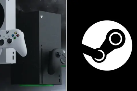 Dwa Xboxy z kontrolerami obok logo Steam. Czyżby przyszłość gier na Xbox?