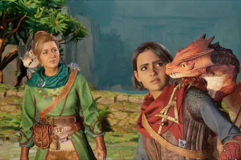 Dwie dziewczyny z małymi smokami na ramionach, gotowe na przygodę. Ta gra wymaga dwóch game passów.