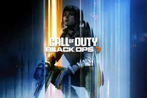 Kobieta w futurystycznym stroju, gotowa do akcji, z bronią w ręku. Tytuł gry Call of Duty Black Ops 7 na tle neonowych świateł.