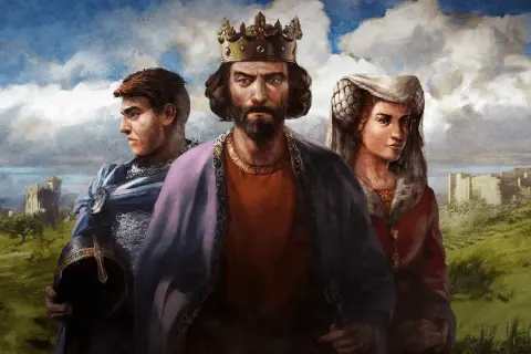 Król, rycerz i dama na tle zamku. Idealni do strategii, gdy szukasz **age of empires 2 kody**.