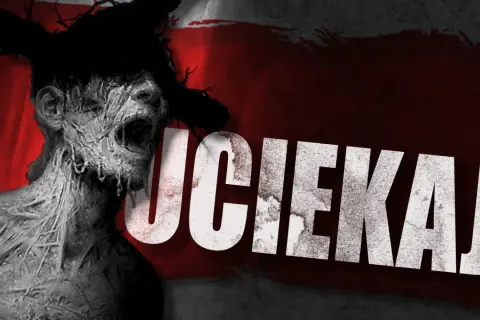 Przerażająca postać z opuchniętą twarzą i otwartymi ustami, jakby krzyczała. Napis "UCIEKAJ" sugeruje, że to dzieło od acid wizard studio.
