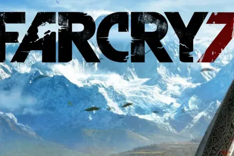 Napis "FAR CRY 7" na tle ośnieżonych gór. Widoczny fragment ozdobnego ostrza.
