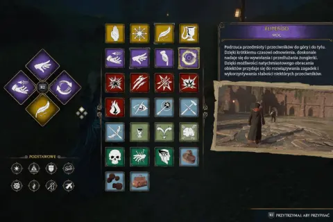 Interfejs gry Hogwarts Legacy z ikonami zaklęć, w tym Flipendo.