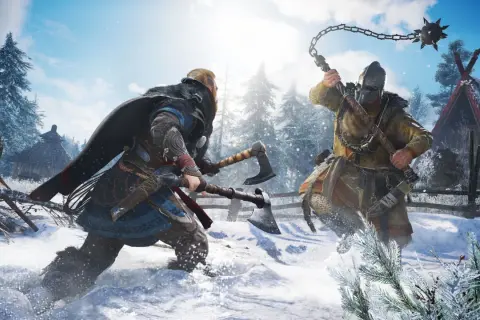 Dwóch wikingów walczy w śnieżnym lesie. Jeden z nich dzierży dwie siekiery, drugi – cep bojowy. To scena z gry Assassin's Creed Valhalla, która może być częścią poradnika.