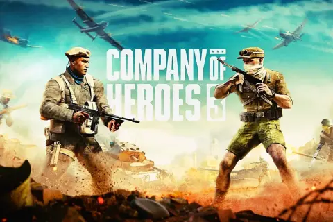 Dwóch żołnierzy z bronią w ręku, czołgi i samoloty w tle. To okładka gry Company of Heroes 3, zapowiadająca epickie bitwy.