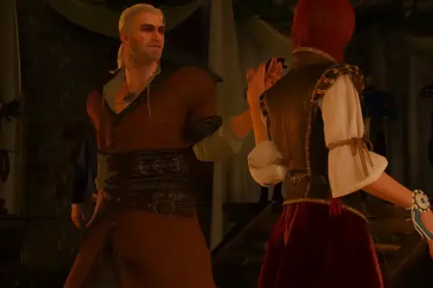 Geralt z Rivii, w stroju z Wiedźmin 3, tańczy z rudowłosą kobietą. Hulaj dusza!
