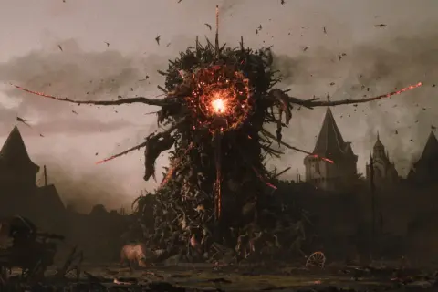 Potworna istota z ludzkich ciał i gałęzi, z płonącym rdzeniem, w tle zamków. Dzieło Larian Studios.