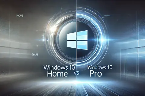 Porównanie Windows 10 Home vs Pro. Centralnie umieszczone logo Windows, podzielone na dwie części, symbolizuje wybór między wersjami systemu.