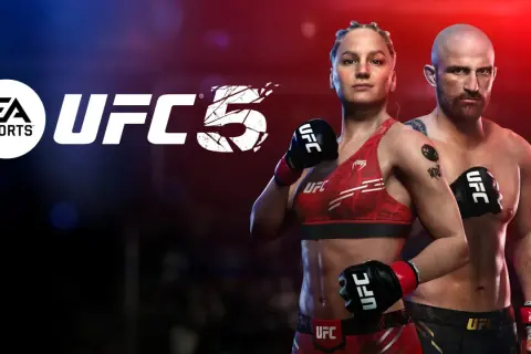 Logo EA Sports UFC 5 z zawodniczką i zawodnikiem MMA. Gra UFC PC zapowiada emocjonujące starcia.
