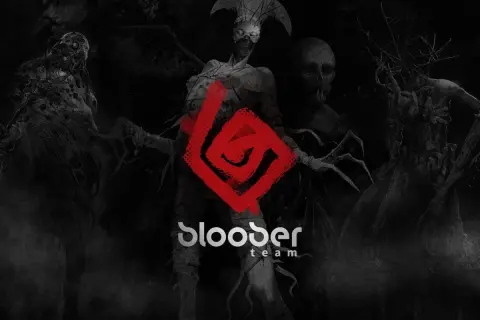 Mroczne postacie z gry Bloober Team, w tym przerażająca istota z rogami i mechaniczne monstrum, otaczają czerwony symbol.