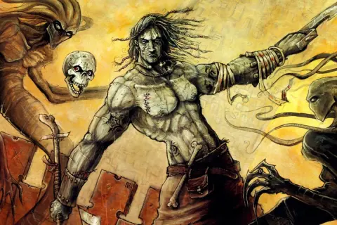 Nieśmiertelny walczy z potworami, trzymając czaszkę i miecz. Klimat jak z Planescape: Torment.