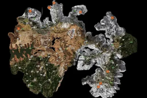 Mapa świata z gry Horizon Zero Dawn. Wskazówki i lokacje zaznaczone numerami, pomocne w grze.