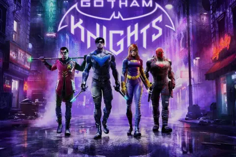 Czterech bohaterów Gotham Knights, Nightwing, Robin, Batgirl i Red Hood, idzie nocą przez neonowe ulice Gotham.