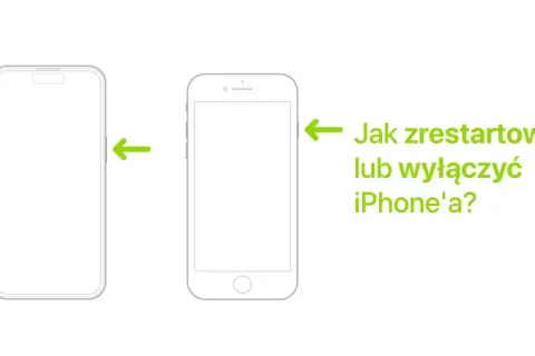 Dwa szkice iPhone'ów z zielonymi strzałkami wskazującymi przyciski boczne. Tekst: "Jak zrestartować lub wyłączyć iPhone'a?".