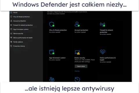 Interfejs Windows Defender z sekcjami ochrony przed wirusami, kontem, zaporą sieciową i innymi. Wszystko działa poprawnie.