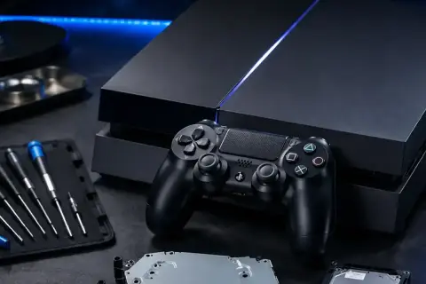 Konsola PS4 i kontroler na stole, gotowe do akcji. Premiera nowej konsoli to zawsze ekscytujący czas dla graczy.