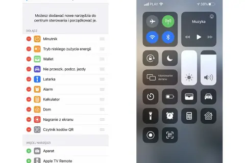Nagrywanie ekranu iPhone w centrum sterowania. Widoczne opcje: latarka, alarm, kalkulator, dom, nagranie z ekranu, aparat.