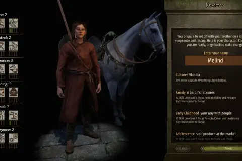 Postać z gry Mount & Blade: Bannerlord, Melind, z koniem. Widać statystyki postaci i opcje rozwoju, jakby szukać mount and blade kody.