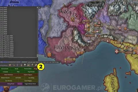 Gra Crusader Kings 2 z włączonym trybem debugowania, pokazującym mapę Europy i opcje edycji.