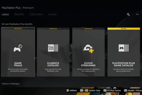 Ekran PlayStation Plus Premium prezentuje korzyści: Game Trials, Classics Catalog, Cloud Streaming i PlayStation Plus Game Catalog. To jak Game Pass, ale od Sony.