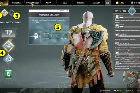 God of War poradnik: Kratos w menu umiejętności, wybiera atak "Uderzenie Utgardu". Widoczne statystyki postaci i drzewko rozwoju.