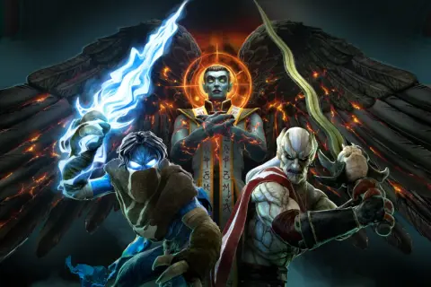 Trzech wojowników z gry Legacy of Kain: Raziel, Kain i Vorlag, z płonącymi skrzydłami w tle.