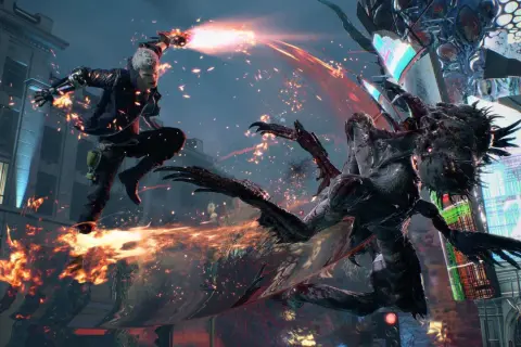 Nero walczy z potworem w mieście, strzelając ogniem ze swojej ręki. Wygląda jak scena z Devil May Cry 6.