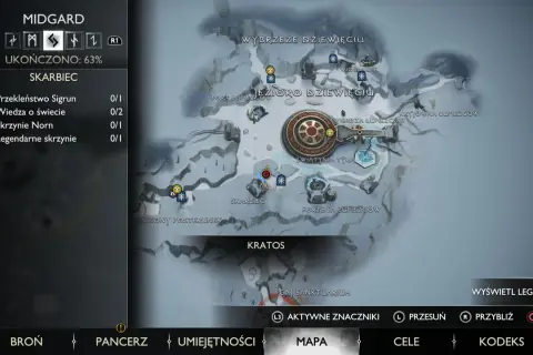 Mapa God of War Ragnarok w Midgardzie. W menu "Skarbiec" widać postęp w zbieraniu przedmiotów, w tym 0/1 Skrzynie Norn.