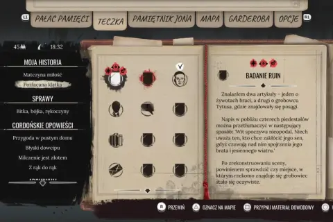 Menu gry Sherlock Holmes Chapter One. Widok na zakładki: Moja Historia, Sprawy, Cordońskie Opowieści i Badanie Ruin. Poradnik.