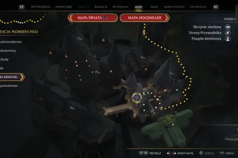 Mapa Hogwartu z zaznaczonymi płomieniami fiuu. Szukasz kluczy Dedala, by odblokować kolejne sekrety zamku.