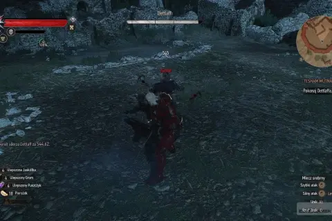 Geralt walczy z Dettlaffem, zadając mu obrażenia. Cel: pokonaj Dettlaffa.