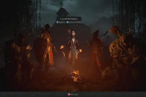 Czarnoksiężniczka w Diablo 4 najlepsza klasa, otoczona innymi postaciami przy ognisku.