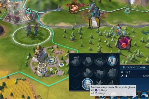 Gra Civilization VI, poradnik budowniczego. Widok mapy z jednostkami i budynkami.