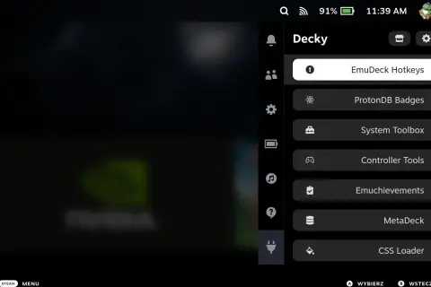 Menu Decky z opcjami: EmuDeck Hotkeys, ProtonDB Badges, System Toolbox, Controller Tools, Emuchievements, MetaDeck, CSS Loader.