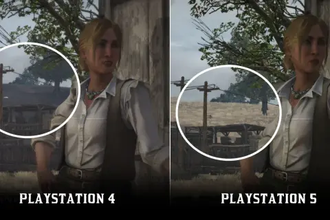Porównanie grafiki Red Dead Redemption 2 na PS4 i PS5. Kobieta w białej koszuli i kamizelce na tle wiejskiego krajobrazu.
