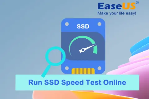 Grafika przedstawia ikonę dysku SSD z prędkościomierzem, lupę i napis "Run SSD Speed Test Online".