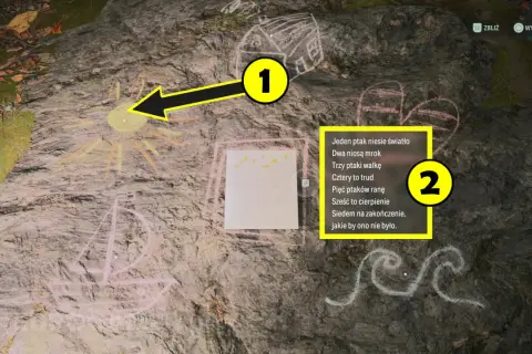 Na skale w grze Alan Wake 2 widzimy rysunki kredą i tekst rymowanki. Strzałka wskazuje na słońce, a obok znajduje się numer 2 z tekstem.