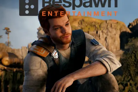 Cal Kestis, bohater gry Star Wars Jedi 3, siedzi na tle skalistego krajobrazu. Logo Respawn Entertainment.