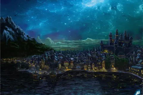 Nocny widok na Waterdeep, miasto z magią w powietrzu. Widać port z żaglowcami, gęsto zabudowane ulice i potężny zamek na wzgórzu.